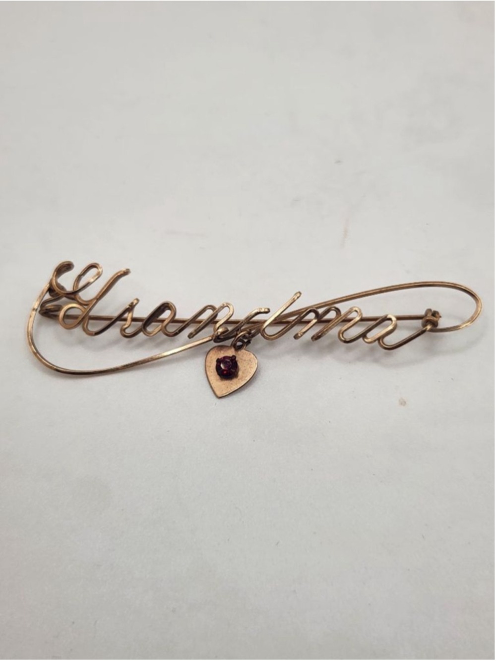Antique Rare Retro Gold Tone Grandma Name Pin Brooch w/Dangling Ruby Birthstone